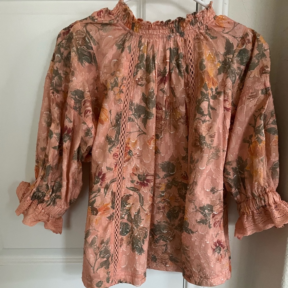 NWT Anthropologie Pilcro Pink and Orange Flutter Sleeve Blouse